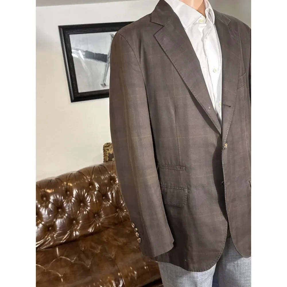 Brunello Cucinelli Brown Tartain Plaid Sportcoat 54IT 42R US Cotton Unstructured